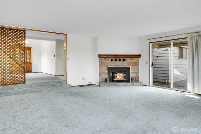 Gas fireplace in large living room.