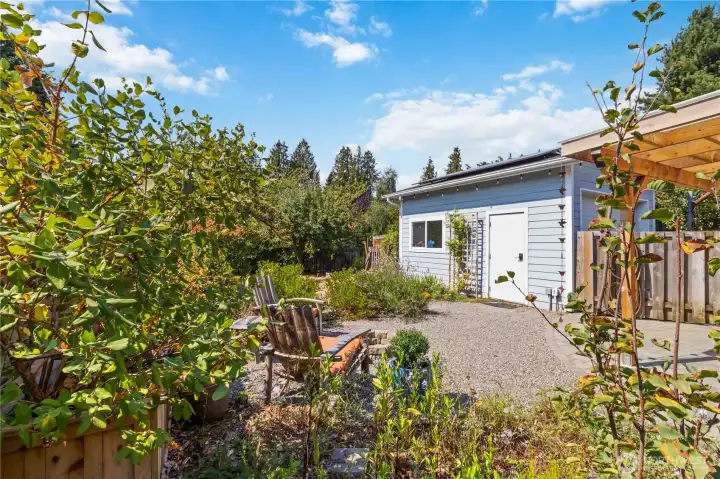 This single-car detached garage for added convenience and storage.