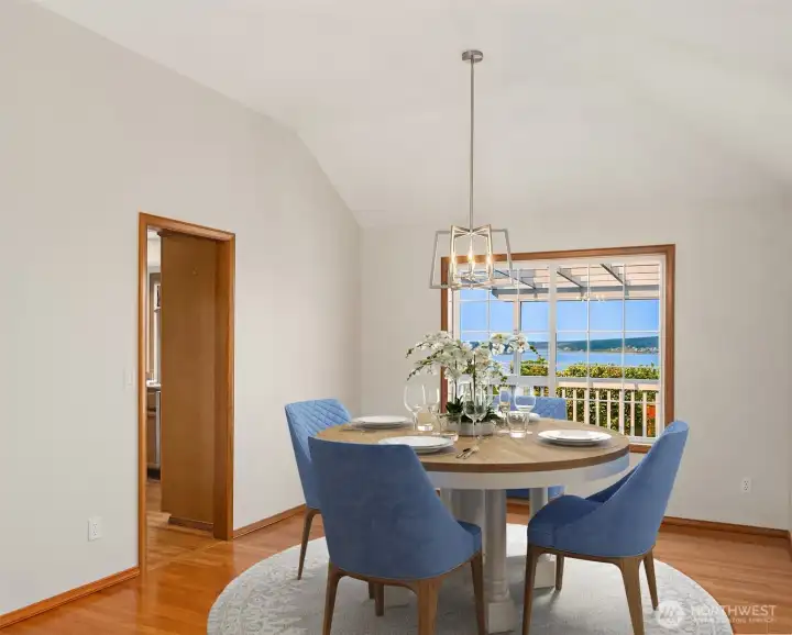 Dining Room w Vaulted Ceilings, New Designer Lighting, & Stunning View of Puget Sound