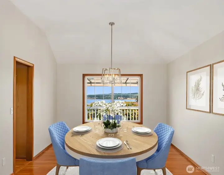 Dining Room Featuring Vaulted Ceilings, Designer Lighting & Gorgeous Views