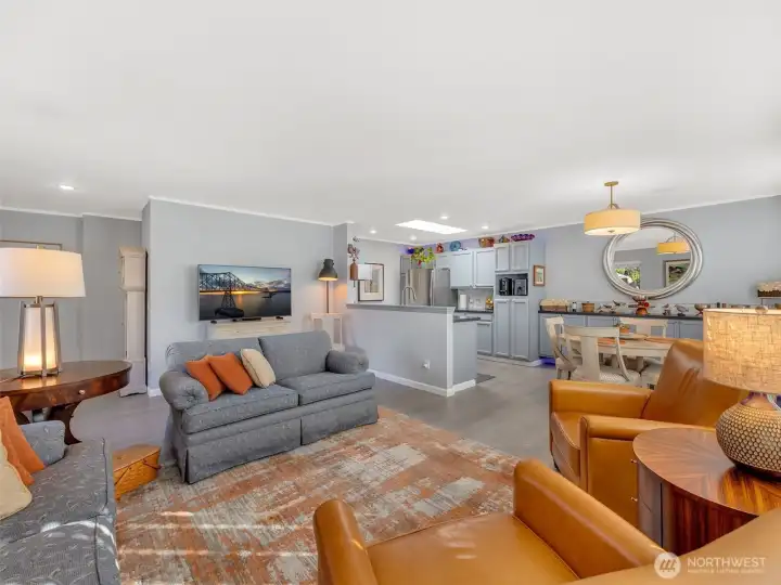Living room, dining room, and kitchen.