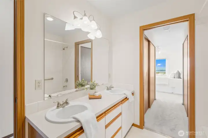 Double vanity in the upper level bathroom.