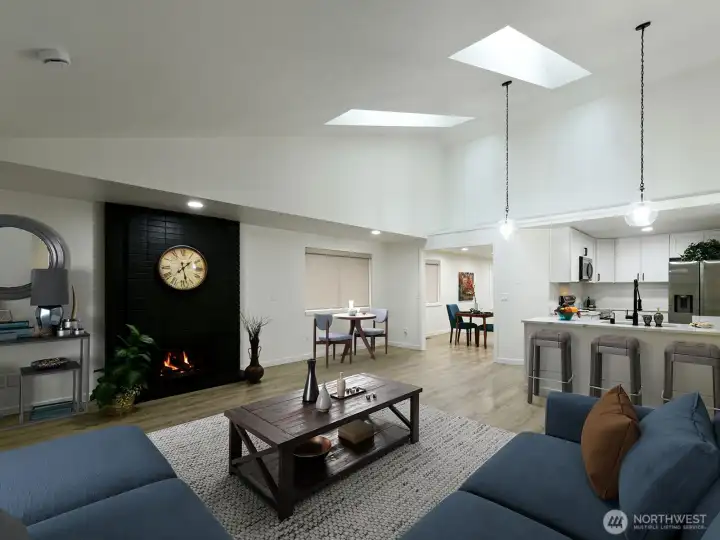 Wood Fireplace Vaulted ceilings. Skylights.  This home is very Light and Bright.