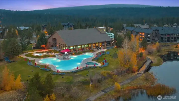 Suncadia Swim & Fitness Center (Year-Round), including indoor heated pool, outdoor spa/hot tubs, fitness facilities and locker rooms, lap swimming and family swim areas.