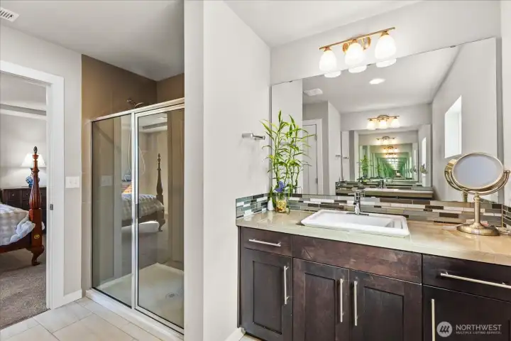 Primary bath with double vanity and private toilet