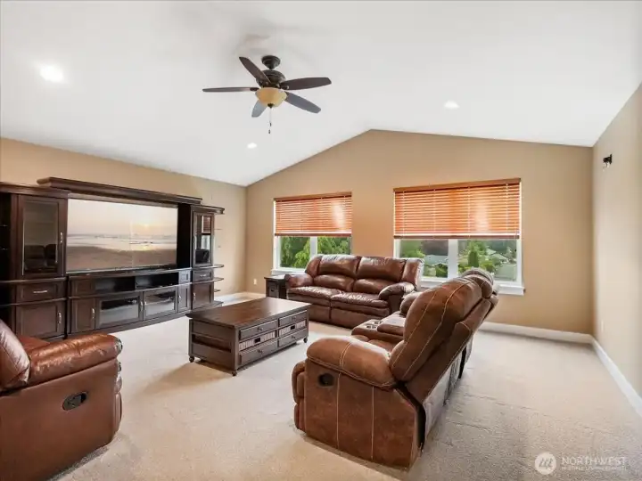 This... is the bonus/theater room.  Tall vaulted ceilings, spacious and light. This furniture will stay with the home if the future buyer would like.  It's hardly been used.