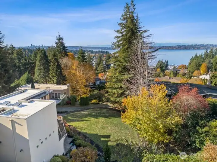 Aerial view of lot from just east of property, facing west
