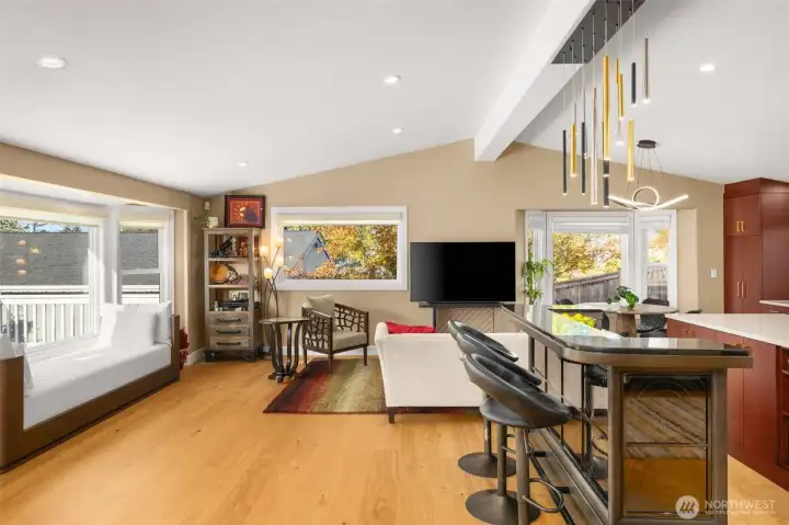 Spacious living room with a bay window.