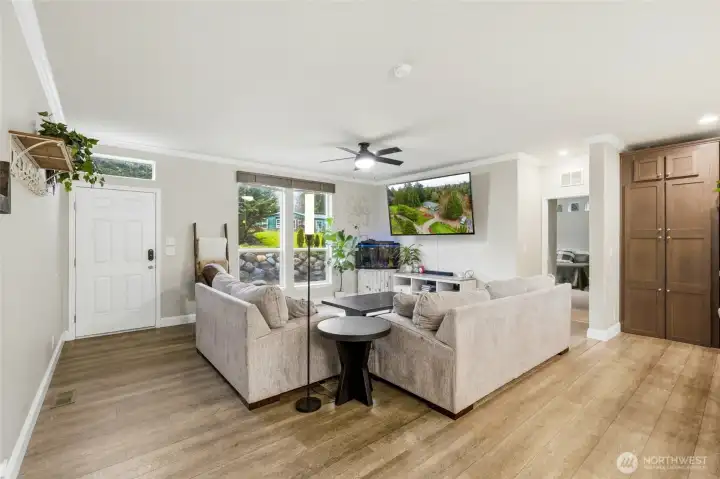 Spacious living room with vaulted ceilings that enhance the open, airy feel.