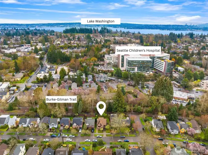 Aerial view facing East showcasing easy accessibility to the Burke-Gilman Trail, Seattle Children's and Lake Washington.