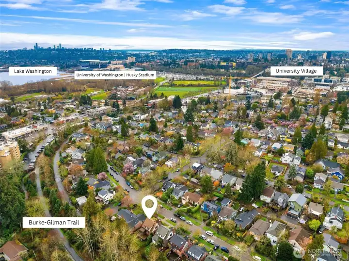Aerial view showcasing prime location and close proximity to the Burke-Gilman Trail, UW, University Village, and Seattle Children's.