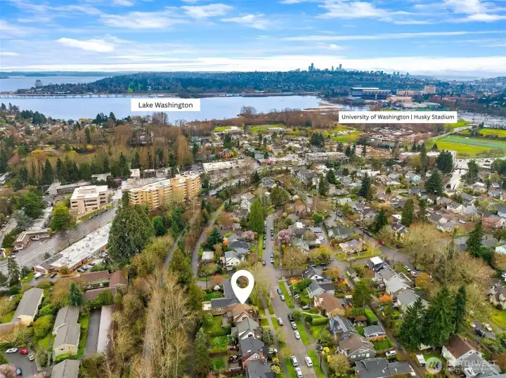 Aerial view facing Southwest showcasing close proximity to Lake Washington, University of Washington and Seattle's amenities.