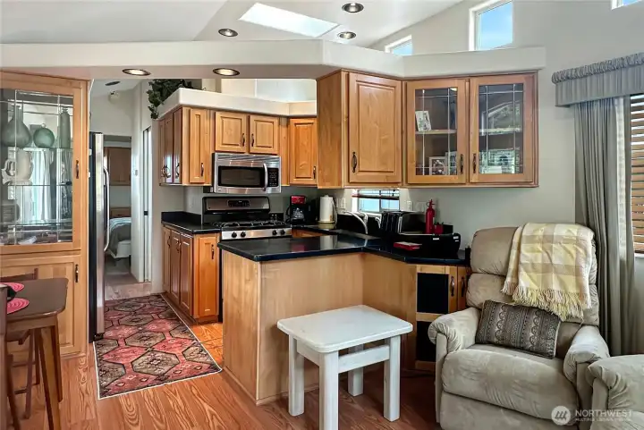 Spacious open layout with vaulted ceilings, and clerestory windows and skylights that add tons of natural light.