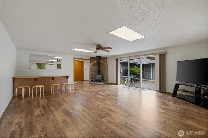 Family room with woodstove