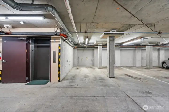 Parking spot next to elevator in secure garage Parking spot next to elevator in secure garage