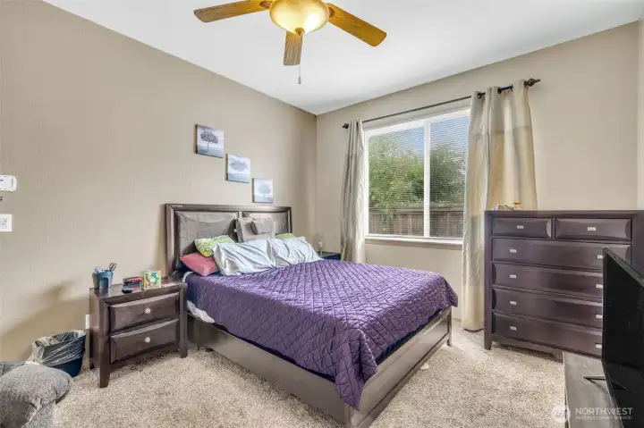 Light-filled primary bedroom offers ample space for large furnishings, a ceiling fan for year-round comfort, and easy access to the walk-in closet and en-suite bath.