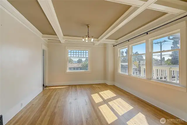 Bright dining room connects to the kitchen