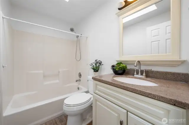 Full bathroom with skylight.