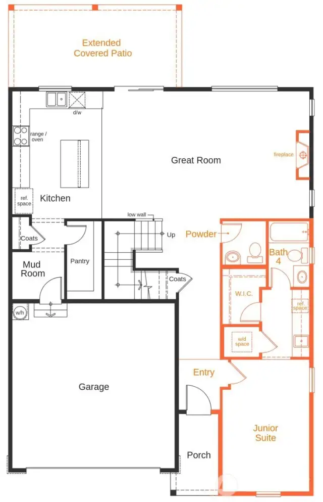 floorplan drawing showing extended covered patio and junior suite options -  for illustrative purposes only