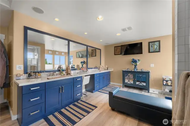 Gigantic bathroom with views as awesome as the fixtures.