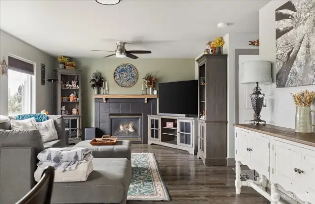 Cool Whidbey nights will be warmed by the gas insert. A custom maple mantle with oak trim and tile facade make for the prettiest fireplace surround.