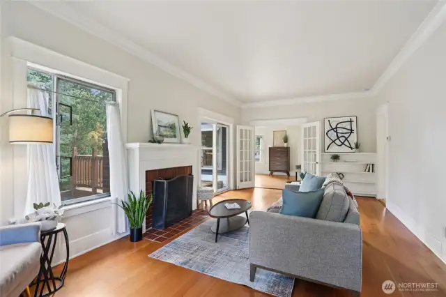 Built-ins and french doors and fir floors.. so lovely