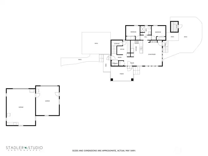Site plan: lower floor plan, patios and garage