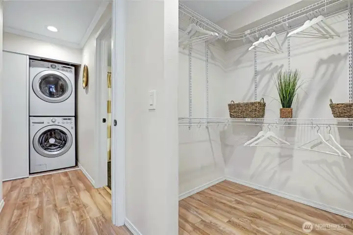 Hallway off bedroom with large walk-in closet and extra closet on the other side. Laundry in-unit.