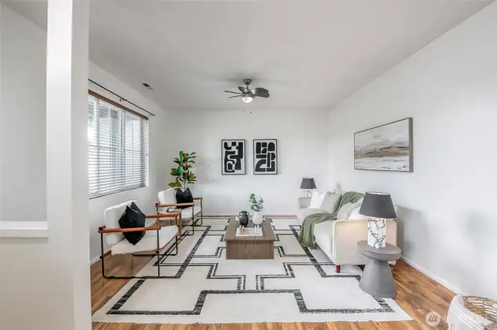 Large Living Room With Tall Ceilings And Ceiling Fans