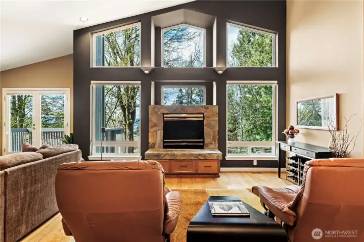The custom, inset fireplace in the great room is a great conversation area for cozy winter nights. The custom, inset fireplace in the great room is a great conversation area for cozy winter nights.