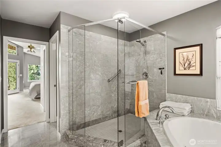 The oversized shower in the master bathroom offers a wonderful option when time doesn't allow for a soak in the amazing bathtub.