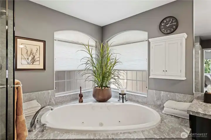 An alternate view of the large soaker tub.