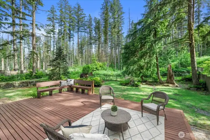 Deck – Large outdoor deck with built-in bench seating and views of the surrounding trees. Open yard provides additional outdoor enjoyment space.