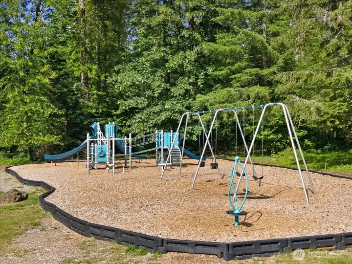 Community Playground – Nearby playground area with play structure, swings, and engineered play surface surrounded by mature trees.