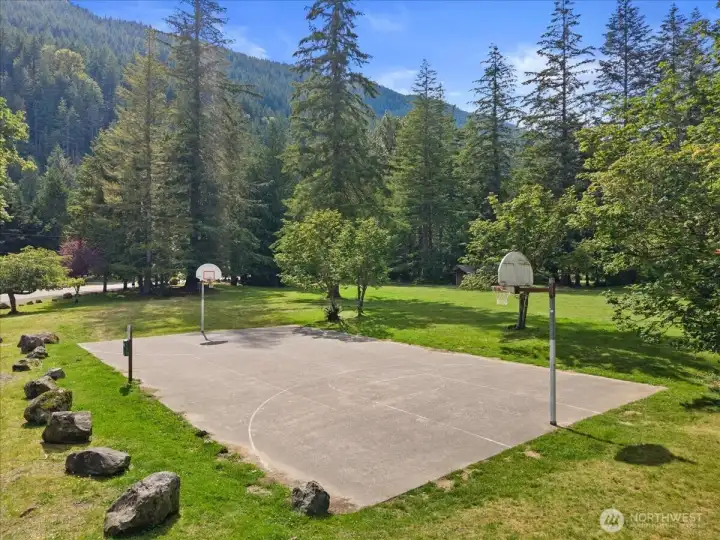 Community Recreation Area – Outdoor basketball court set within a scenic wooded setting with mountain views in the distance.