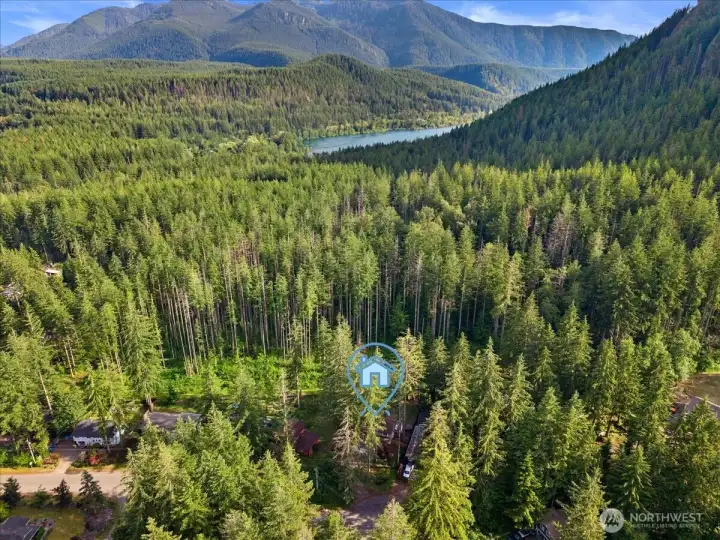 Aerial View – Elevated perspective highlighting the property's wooded setting and surrounding mountain landscape.