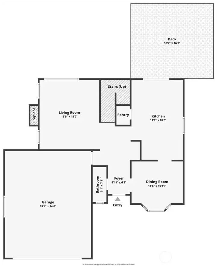 Floor Plan – Main level layout showing living room, kitchen, dining room, pantry, entry, bathroom, attached garage, and deck access.