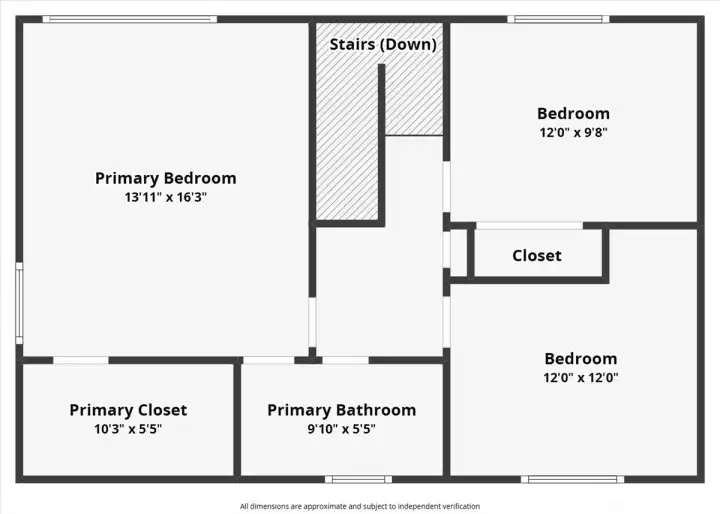Floor Plan – Upper level layout featuring the primary bedroom with walk-in closet and ensuite bathroom, along with two additional bedrooms.