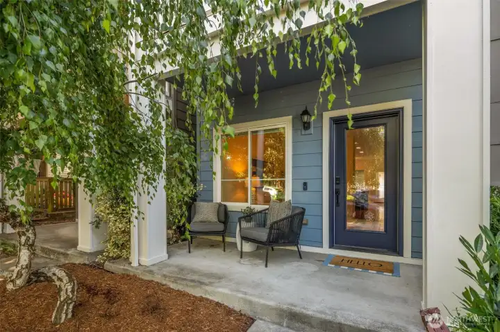 Front covered patio and garden space