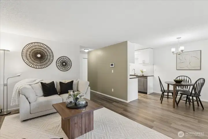 Good sized living room sits just off the kitchen and dining area.