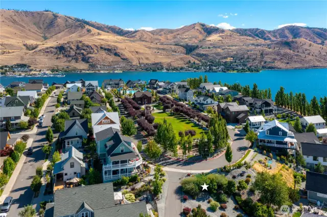 Aerial view of The Lookout's Hilltop Park and Pool with annotated location of 132 Jackrabbit Ln.