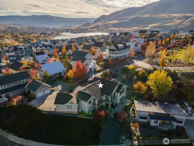 Annotated aerial view of home looking East towards downtown Celan.