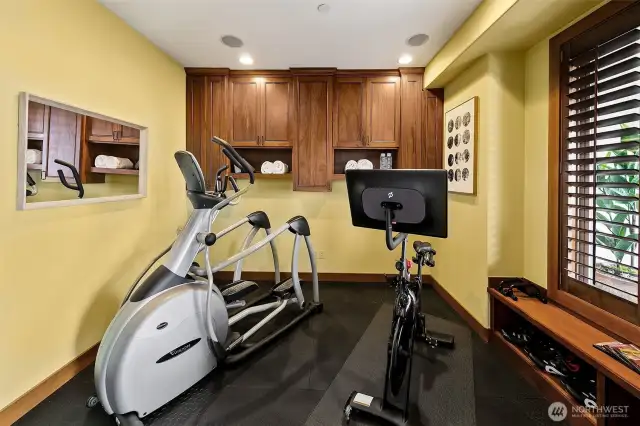 Workout room is just steps from the outside lower level space.  There are views out the window here of the Sound too.  TV and speakers in this space while you train and workout.  This could make a great art studio and yoga space.