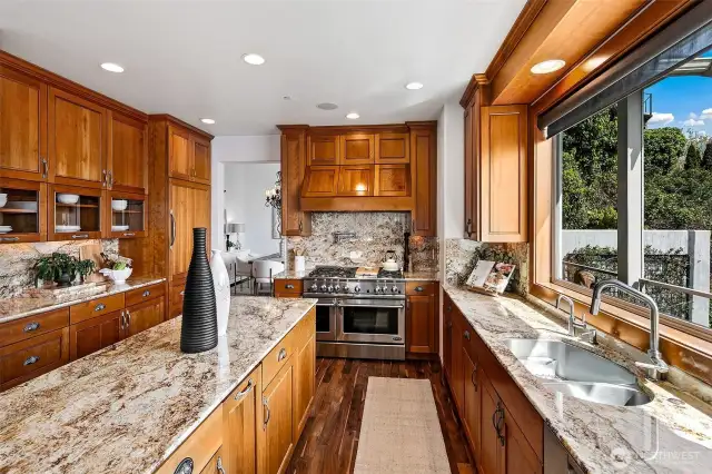 Kitchen with DCS gas range oven and cooktop with griddle. Plenty of can lights and under counter lighting. Double drawer Fisher & Paykel.  Brizo kitchen faucet set with hot water dispenser.