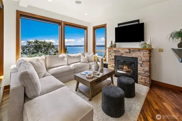 Living room with views to the south over looking Maury Island and the south tip of Vashon Island.