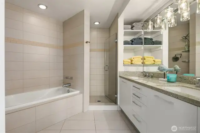 Soaking tub and shower with dual sinks & excellent storage.
