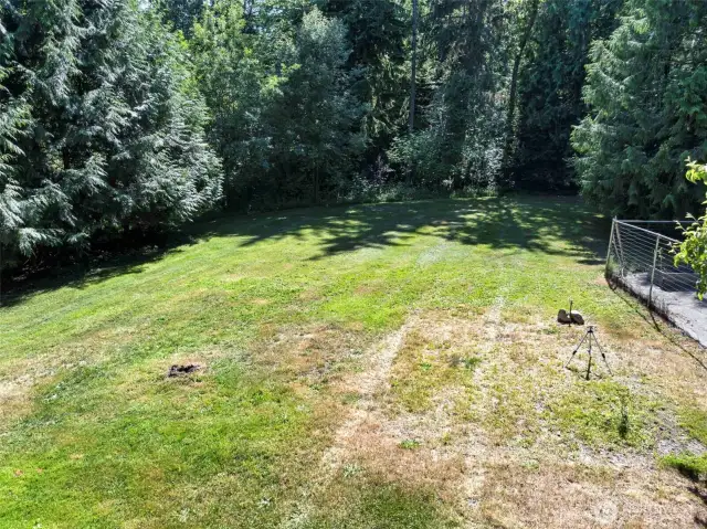 Back lawn leading out to your private forest trail