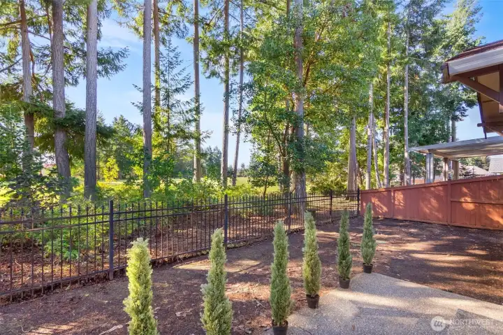 Anotherer view of the backyard area as well as the adjacent golf course. Lush Pacific Northwest greenery combined with a beautiful view of the golf course without compromising privacy.