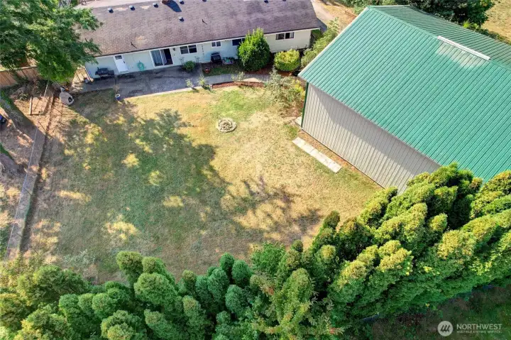 Overhead of house and shop and backyard