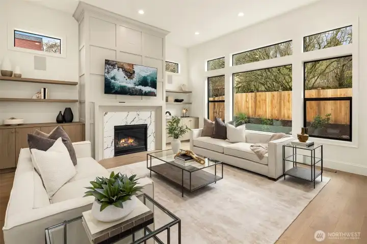 Vaulted great room that overlooks the private backyard